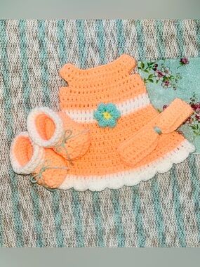 Handmade Crochet Peach & White Baby Dress Set with Headband and Booties